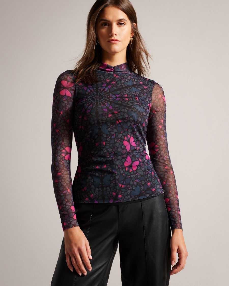 Ted Baker Kamill Mesh Fitted Top With High Neck Black | 70831-FXZV