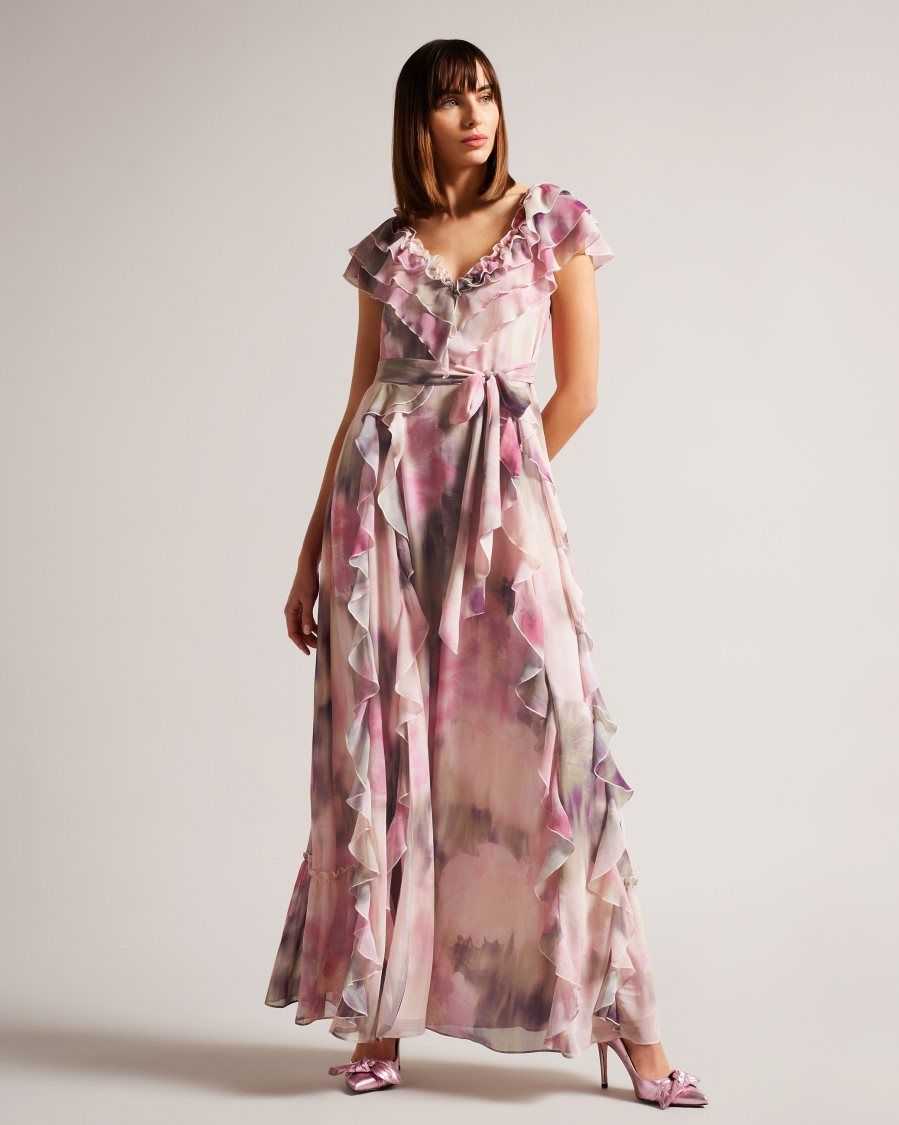 Ted Baker Karenie Frilled Floral Maxi Dress Coral | 19502-NEQF