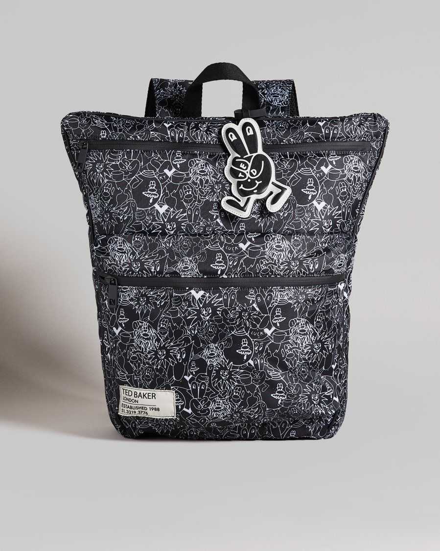 Ted Baker Karev Scribble Printed Nylon Backpack Black | 65431-QAVZ