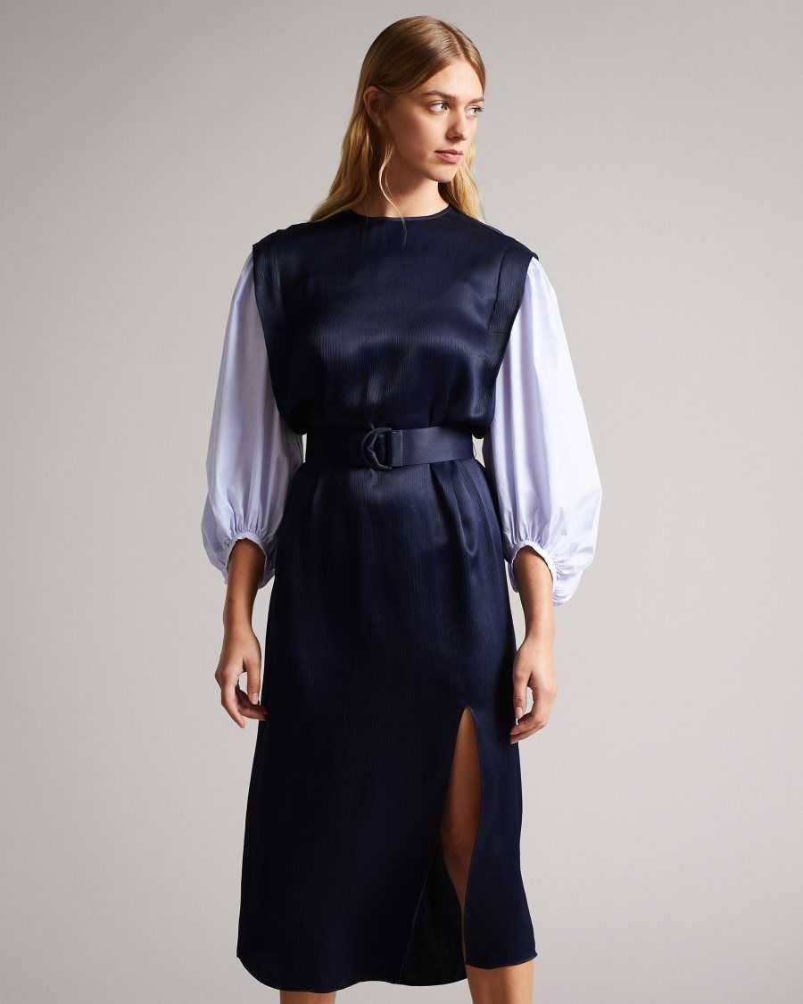 Ted Baker Kaytei Belted Midi Dress With Puff Sleeve Navy | 10573-KVUX