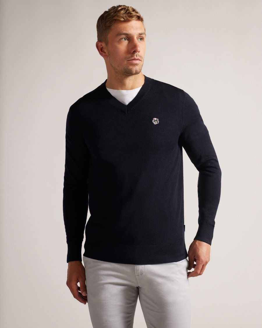 Ted Baker Kenton Merino Wool Contrast Detail Knitted Jumper Navy | 10639-LFCS