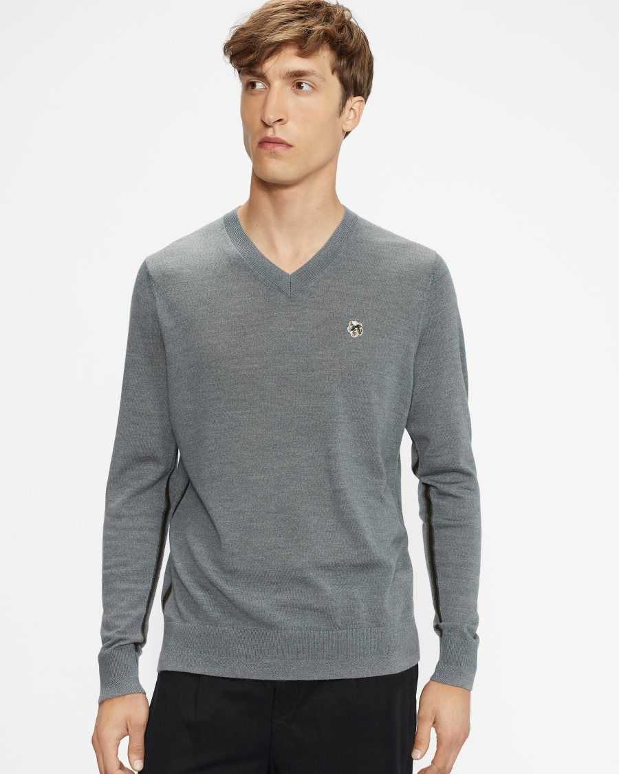 Ted Baker Kenton Merino Wool Contrast Detail Knitted Jumper Charcoal | 15769-UGYB