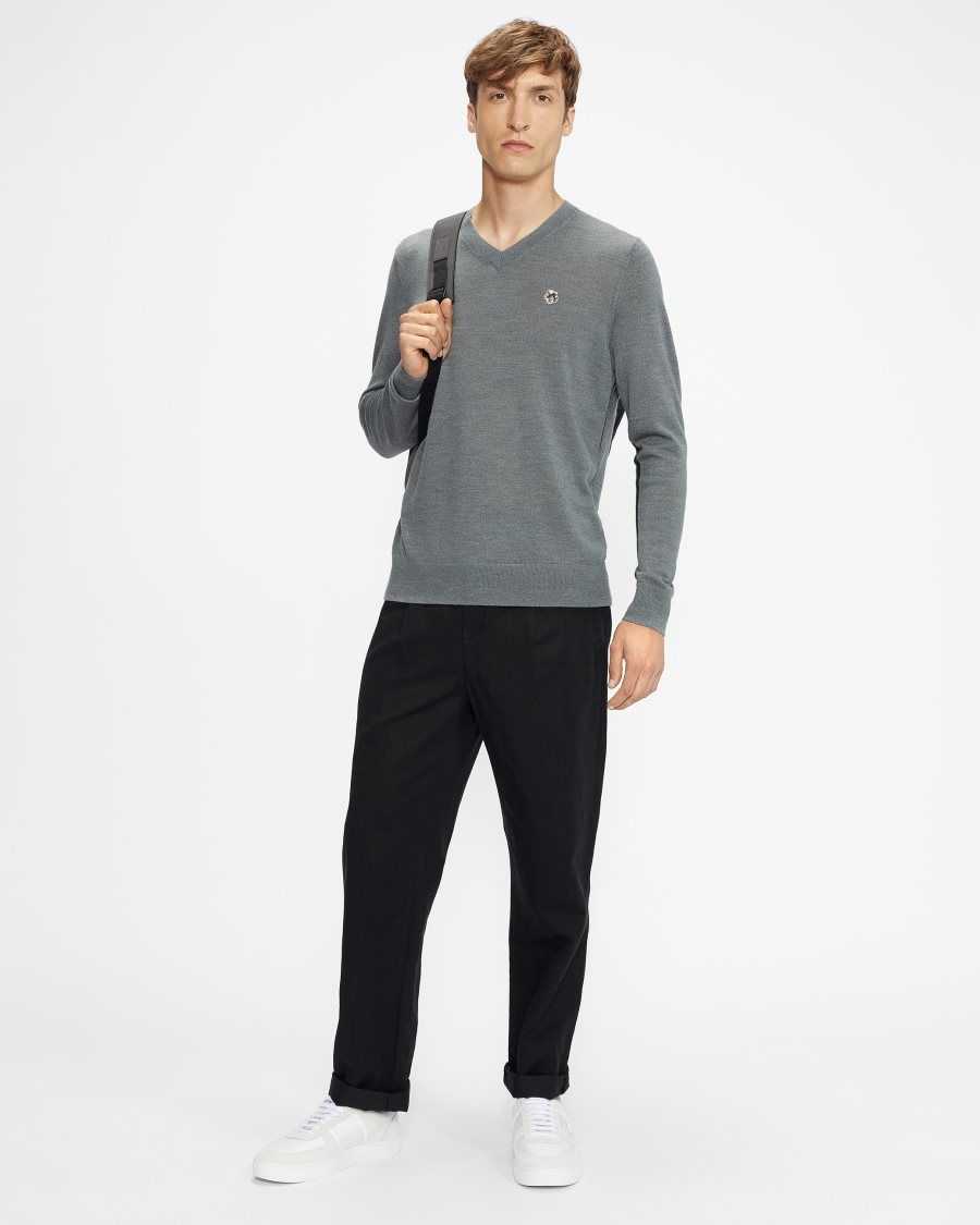 Ted Baker Kenton Merino Wool Contrast Detail Knitted Jumper Charcoal | 15769-UGYB