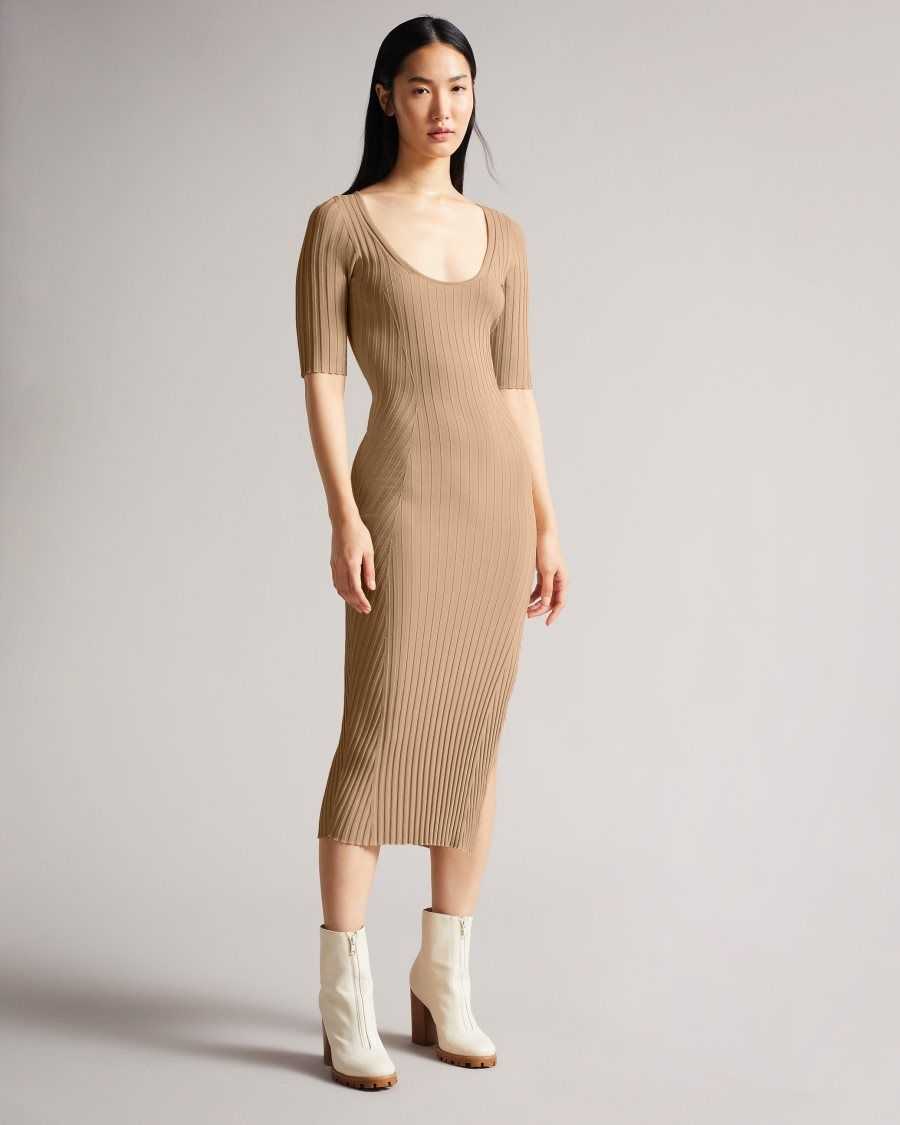 Ted Baker Kiierra Side Slit Detail Knit Dress Light Brown | 84369-ANBF