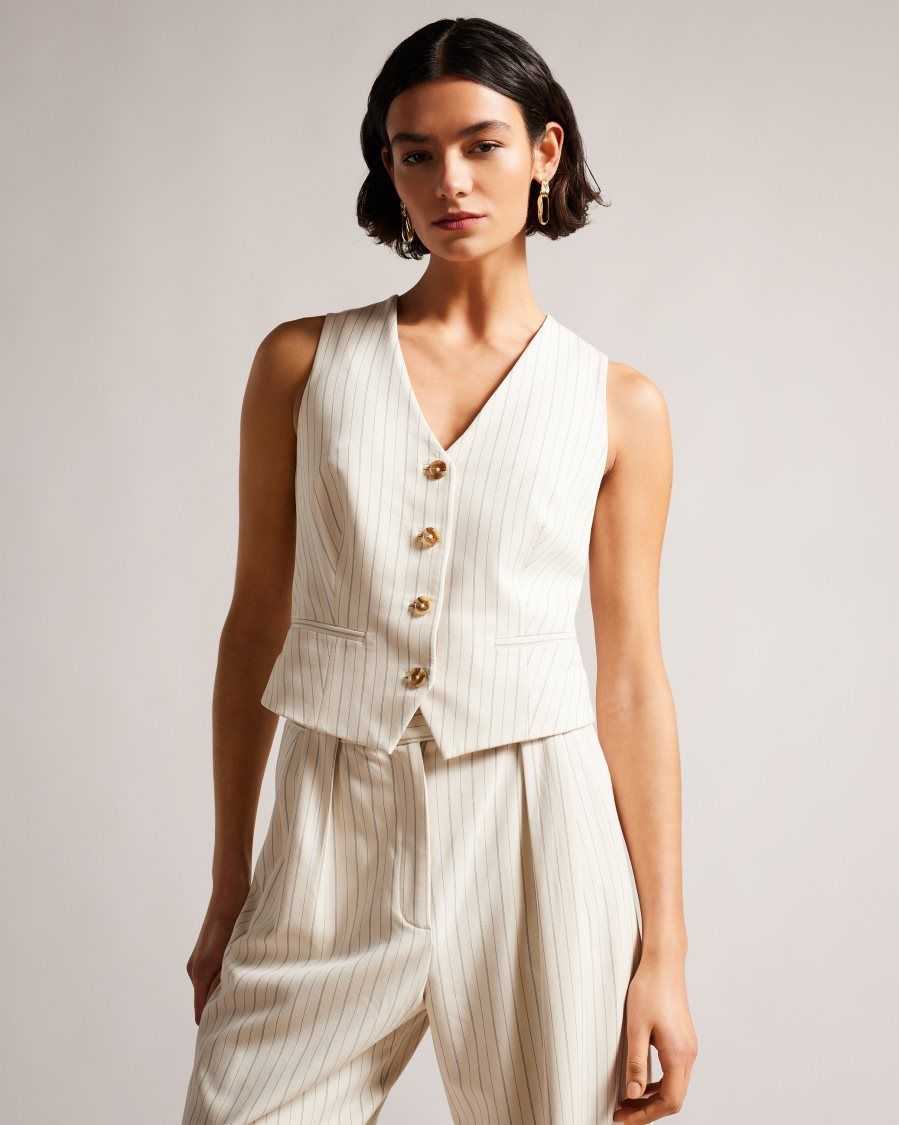 Ted Baker Kllaraj V Neck Fitted Waistcoat Cream | 46190-JSBG