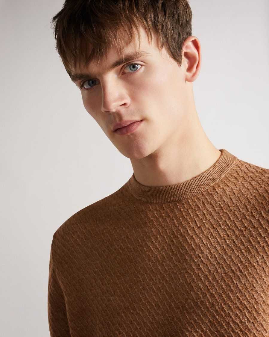 Ted Baker Knares LS Textured Crew Neck Jumper Tan-White | 34506-MSNZ