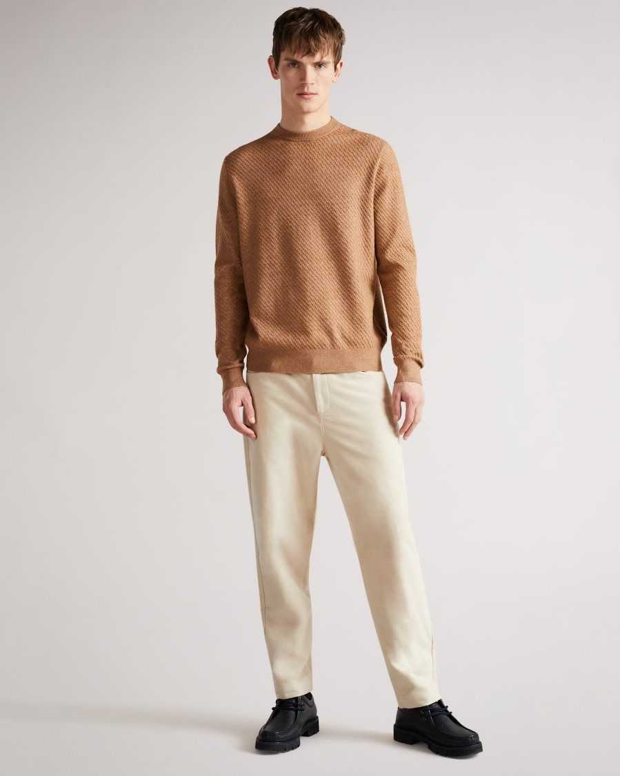 Ted Baker Knares LS Textured Crew Neck Jumper Tan-White | 34506-MSNZ