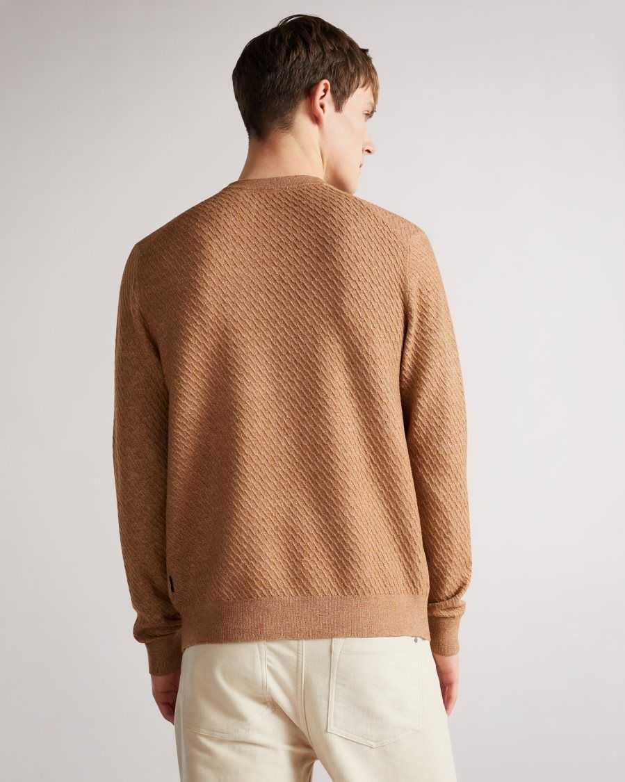 Ted Baker Knares LS Textured Crew Neck Jumper Tan-White | 34506-MSNZ