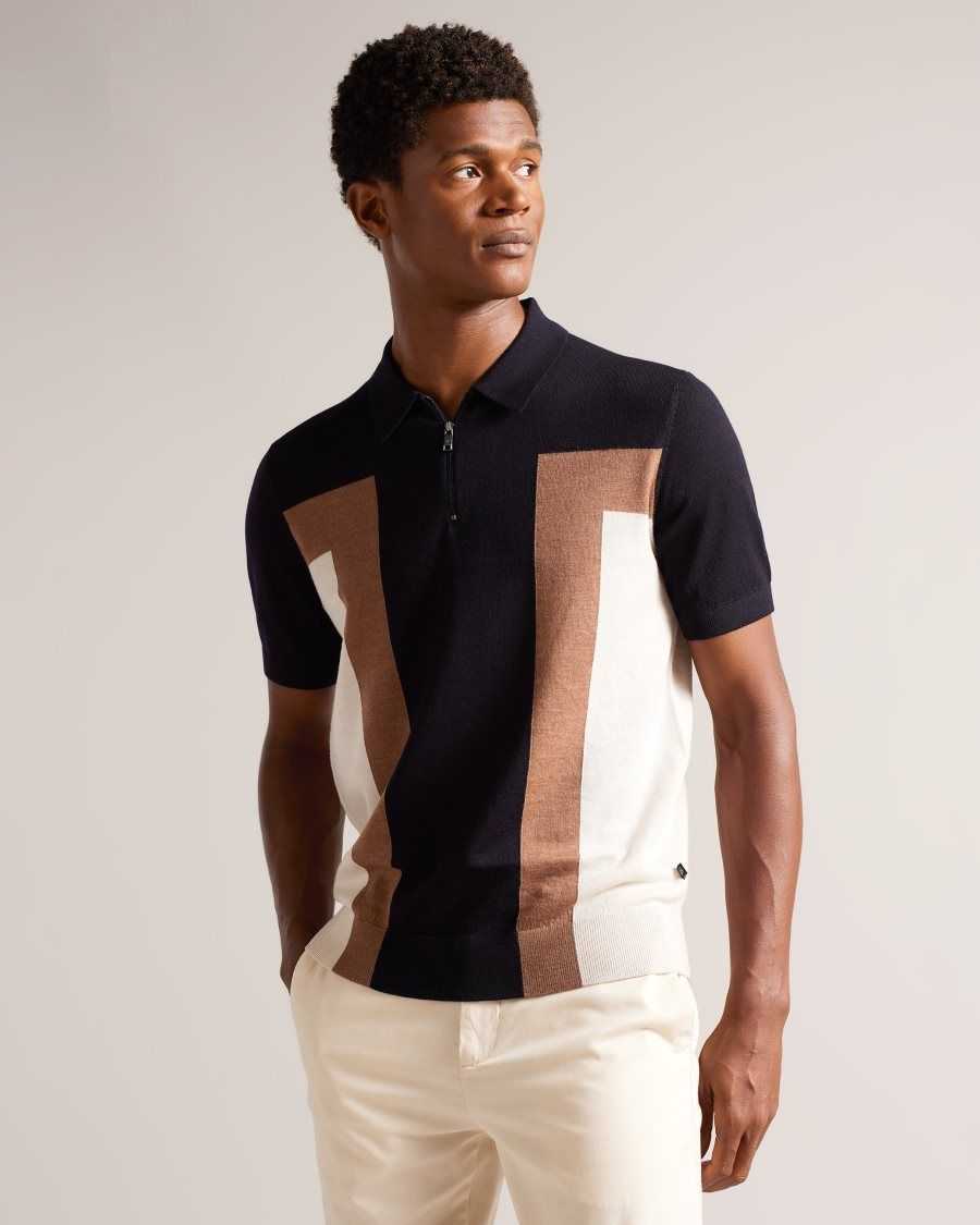 Ted Baker Larbrot Short Sleeve Zip Neck Polo Dark Navy | 81634-BRXH