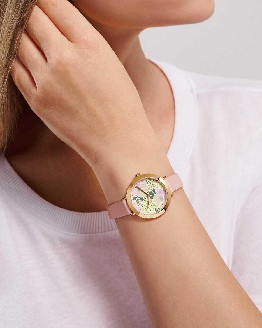 Ted Baker Lesedi Daisy Print Dial Leather Strap Watch Pink | 47360-YAIP