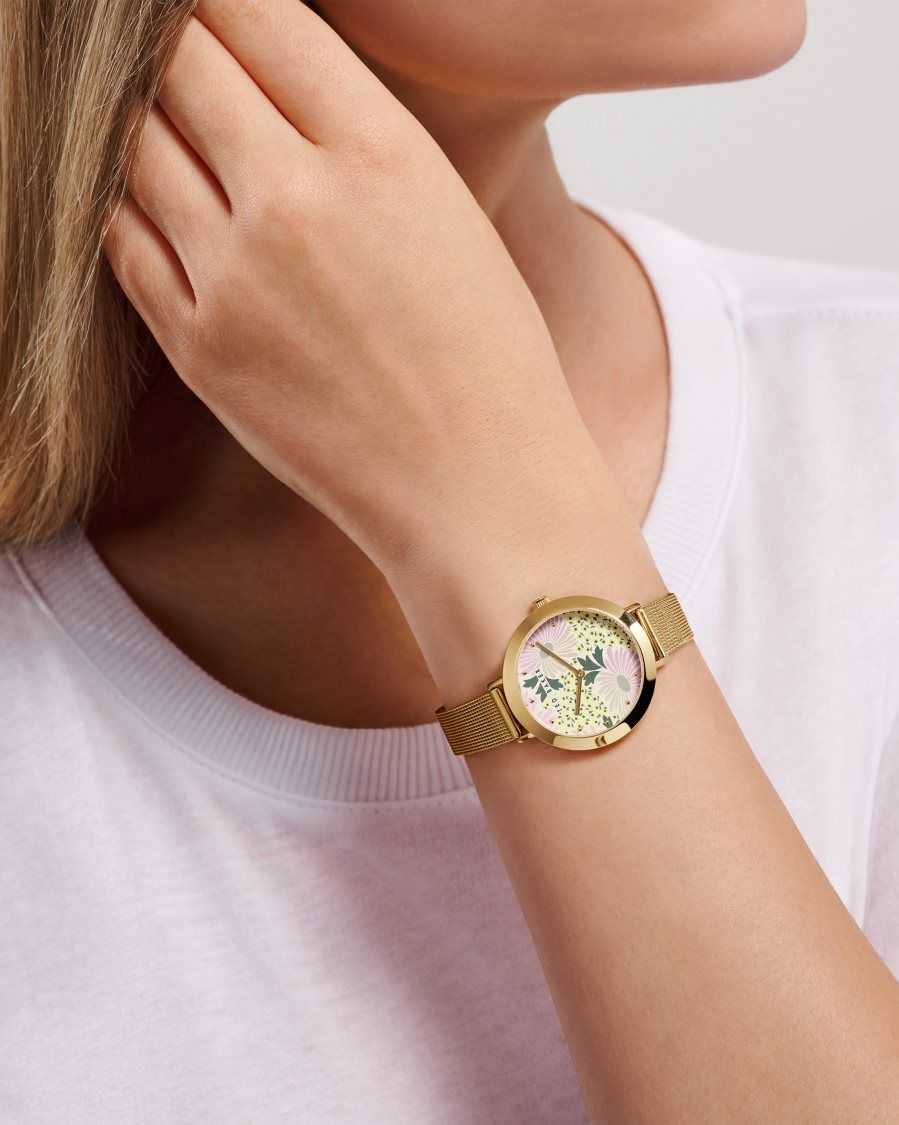 Ted Baker Lesedia Daisy Print Watch With Mesh Band Gold Colour | 18279-QNYM