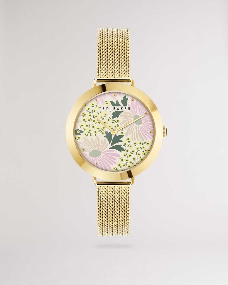 Ted Baker Lesedia Daisy Print Watch With Mesh Band Gold Colour | 18279-QNYM