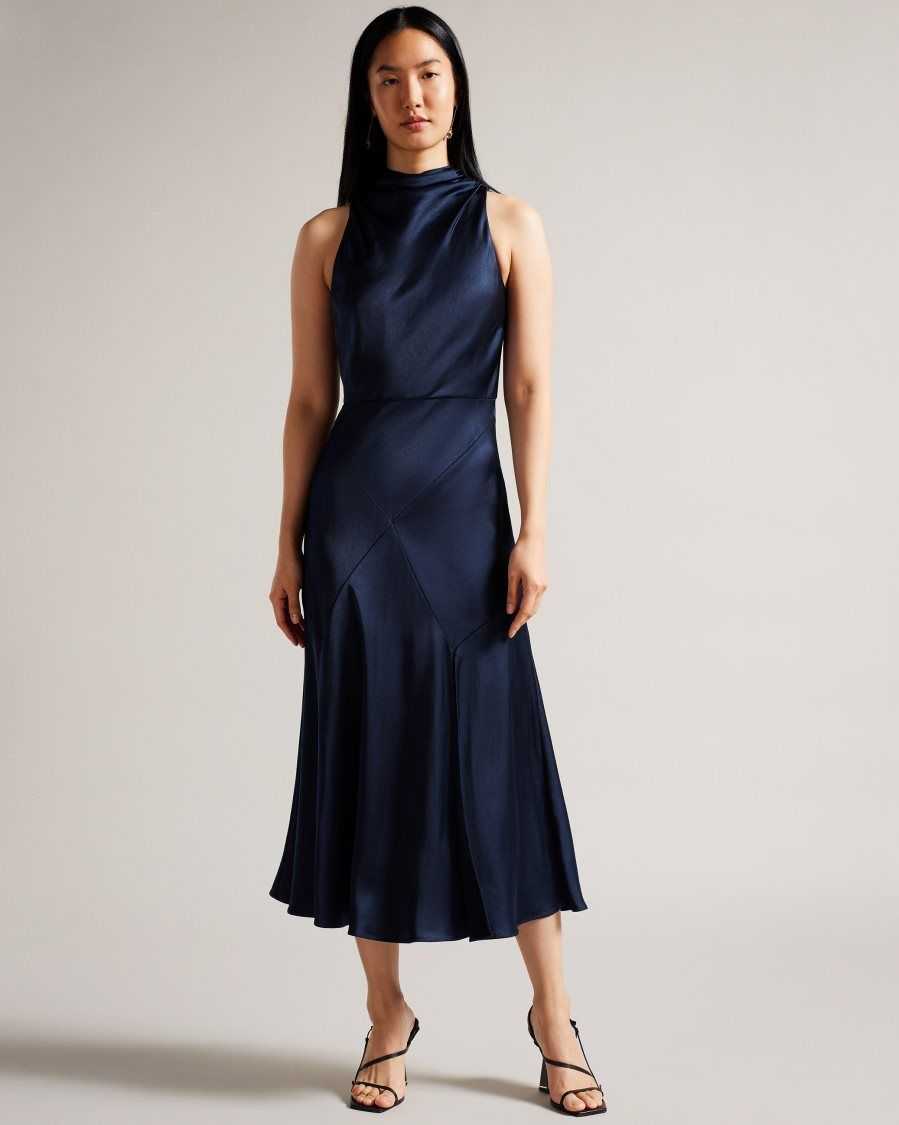 Ted Baker Lilymay Cowl Neck Bias Cut Midi Dress Dark Blue | 58190-ARBJ