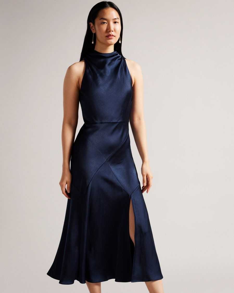 Ted Baker Lilymay Cowl Neck Bias Cut Midi Dress Dark Blue | 58190-ARBJ