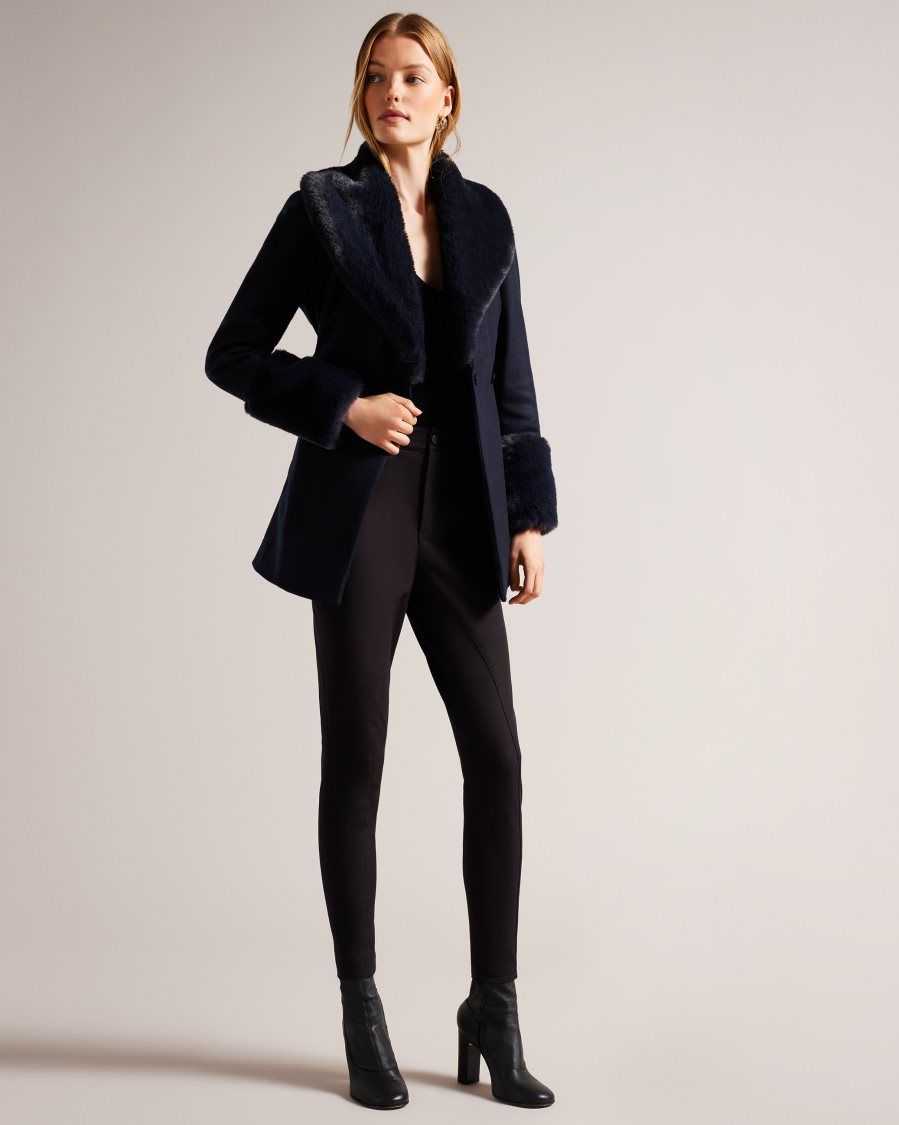 Ted Baker Loleta Belted Coat With Faux Fur Collar and Cuffs Navy | 52861-HWBC