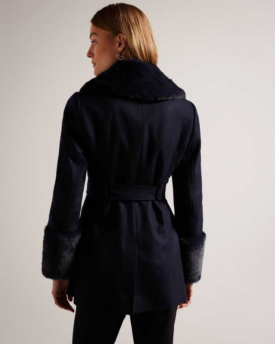 Ted Baker Loleta Belted Coat With Faux Fur Collar and Cuffs Navy | 52861-HWBC