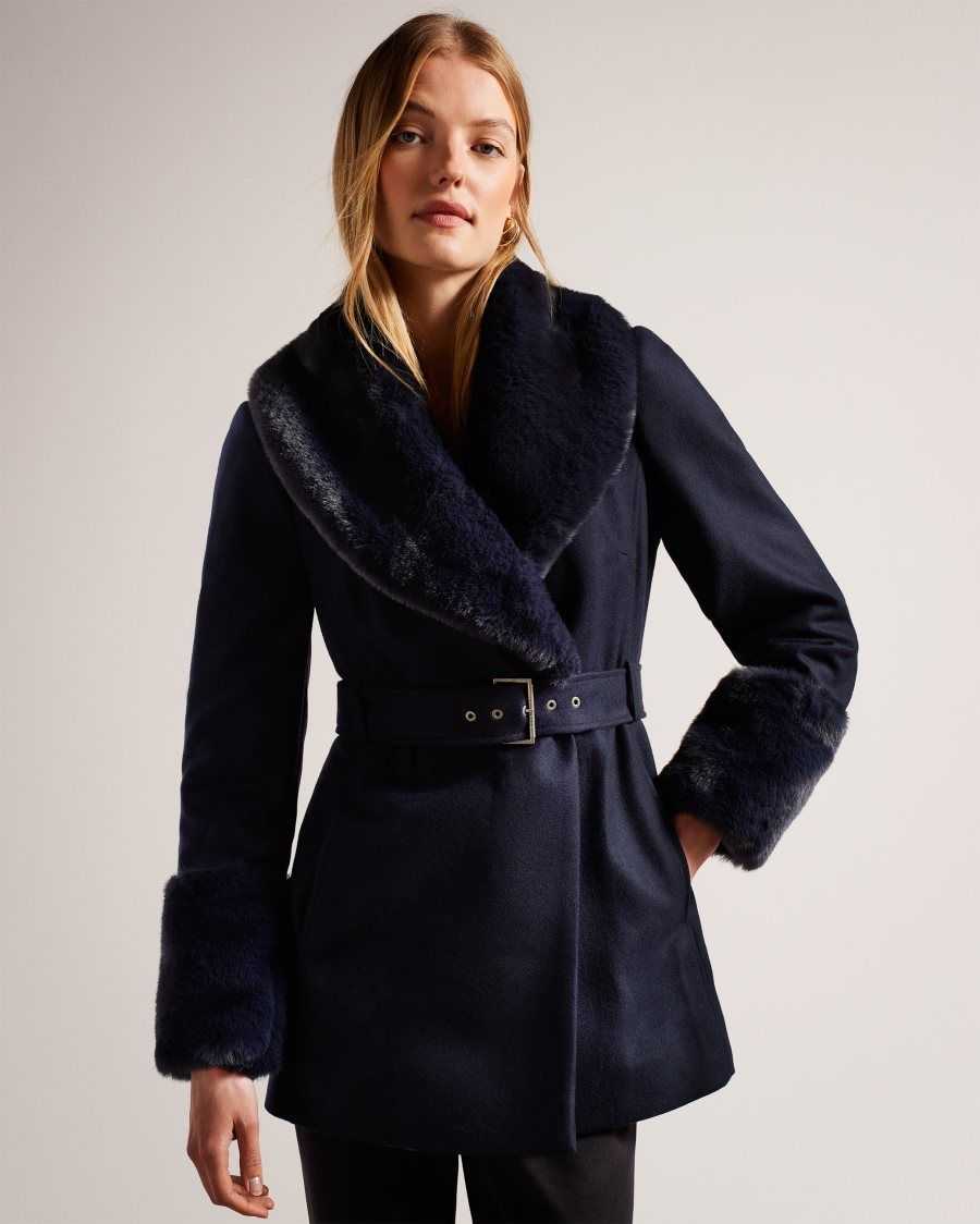 Ted Baker Loleta Belted Coat With Faux Fur Collar and Cuffs Navy | 52861-HWBC