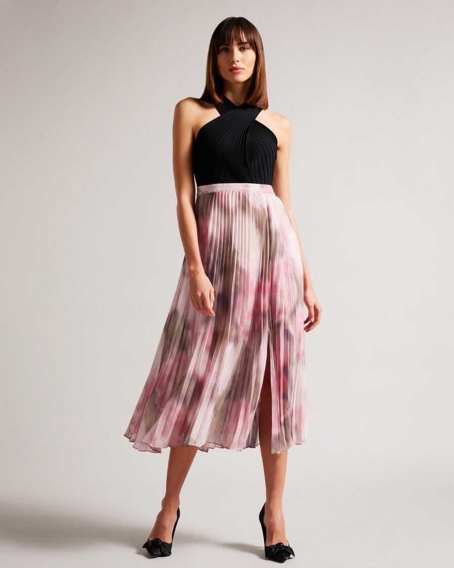 Ted Baker Loulous Midi Dress With Floral Pleated Skirt Coral | 28609-PMTW