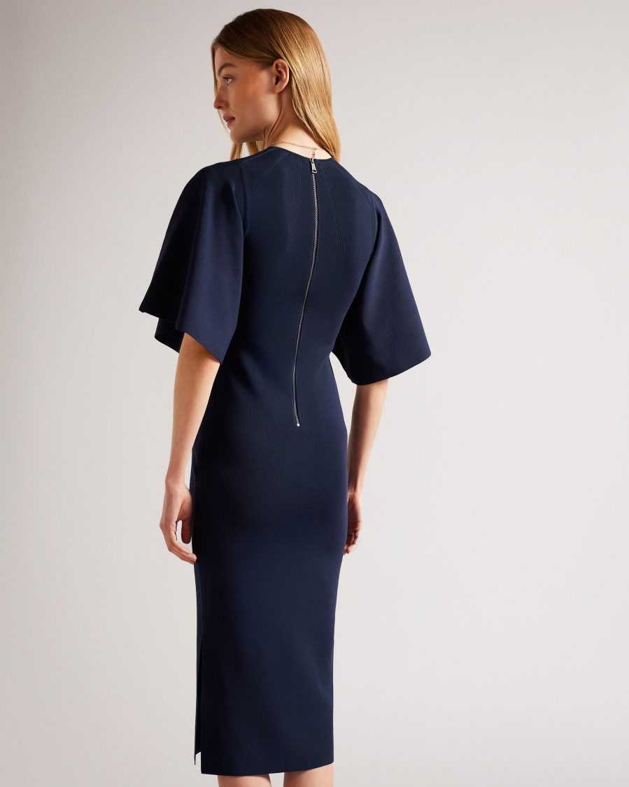 Ted Baker Lounia Fluted Sleeve Knitted Bodycon Midi Dress Dark Blue | 51246-HCDL