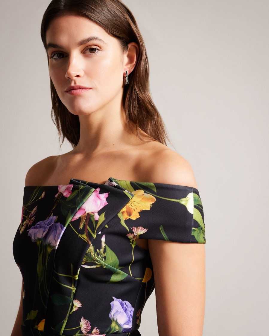 Ted Baker Loveina Floral Bardot Bodycon Dress Black | 16428-IDOC