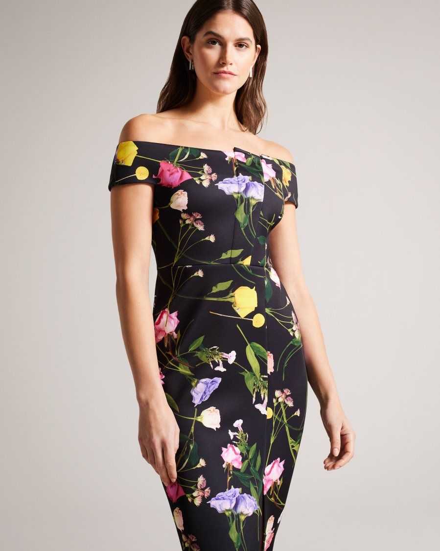 Ted Baker Loveina Floral Bardot Bodycon Dress Black | 16428-IDOC