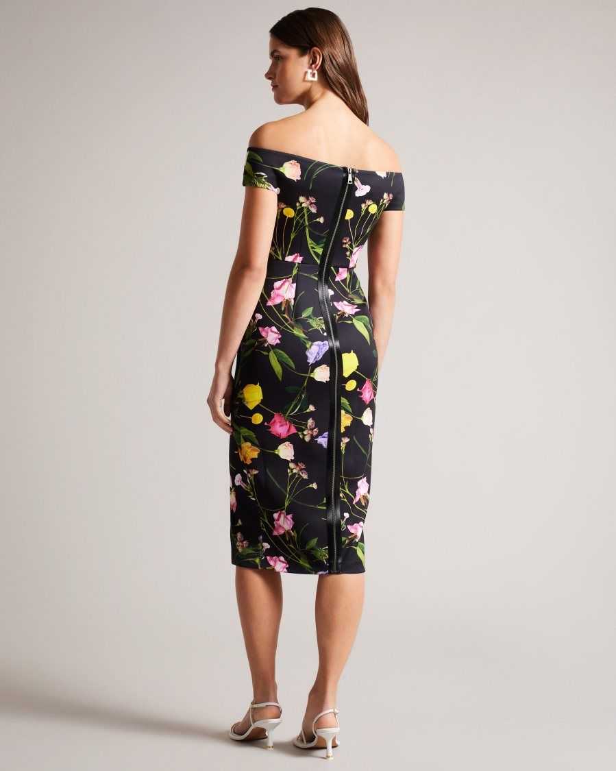 Ted Baker Loveina Floral Bardot Bodycon Dress Black | 16428-IDOC