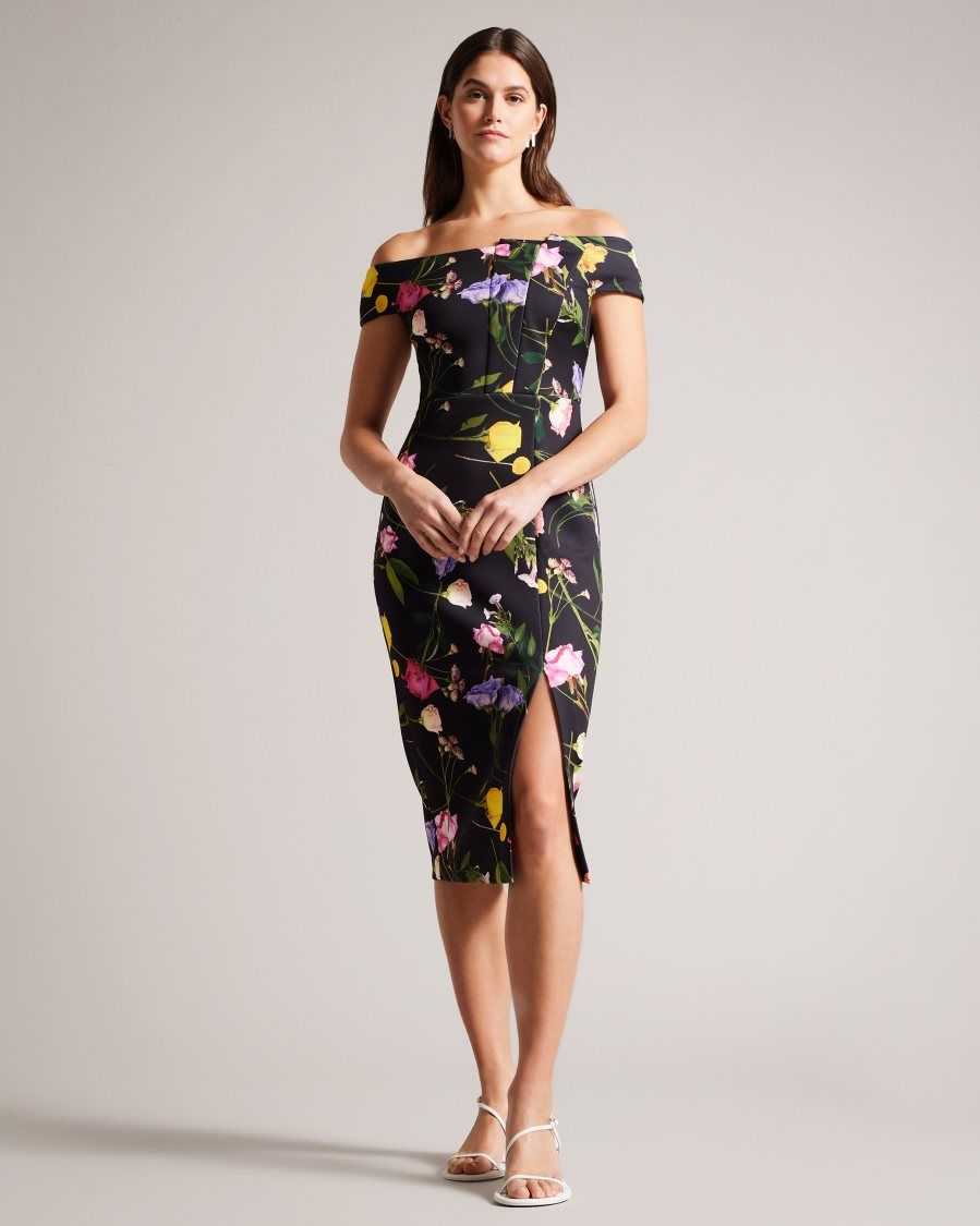 Ted Baker Loveina Floral Bardot Bodycon Dress Black | 16428-IDOC