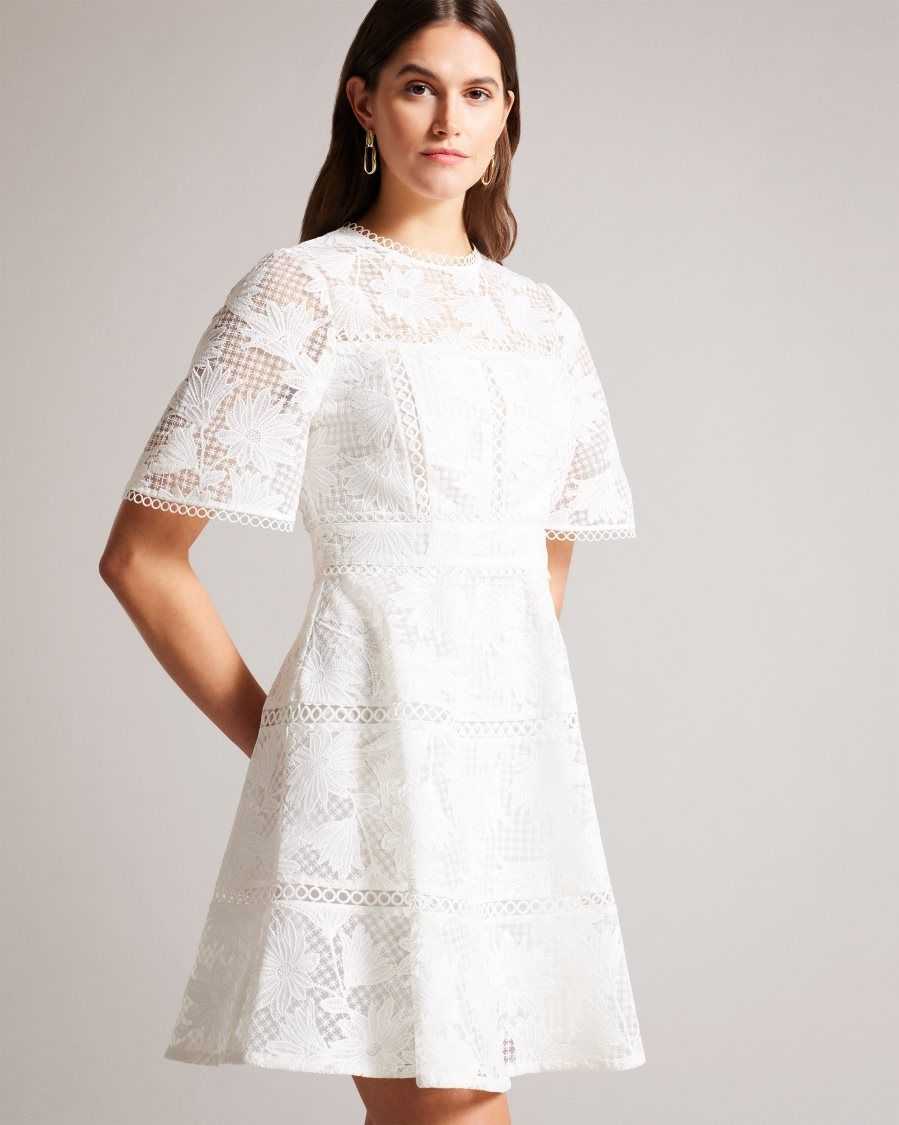 Ted Baker Lydiiha Mini Fit And Flare Lace Dress White | 37520-JHTZ