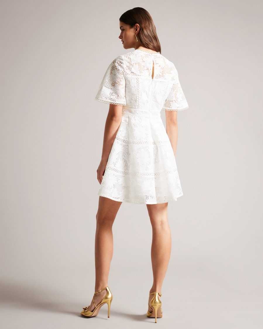 Ted Baker Lydiiha Mini Fit And Flare Lace Dress White | 37520-JHTZ