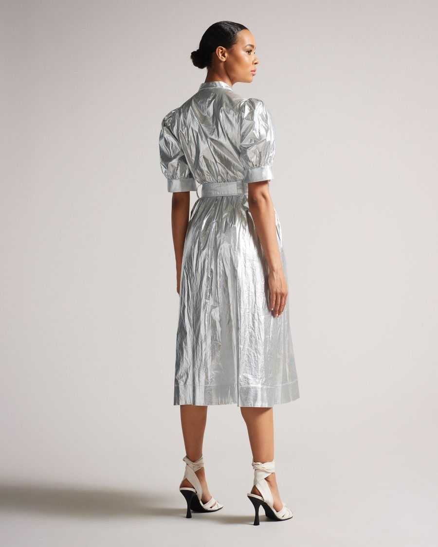 Ted Baker Lygons Metallic Puff Sleeve Midi Dress Silver | 80329-BSIA