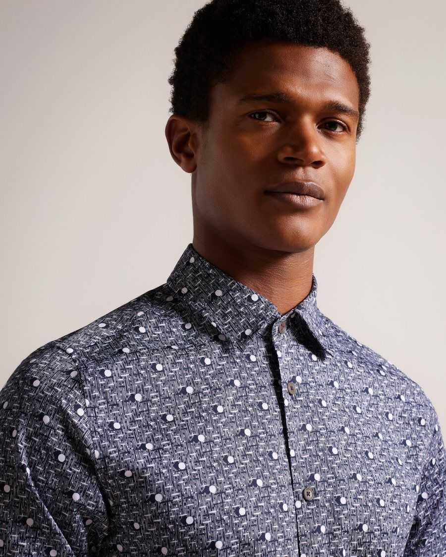 Ted Baker Maccle Long Sleeve Spot Print Shirt Navy | 63950-IRWT