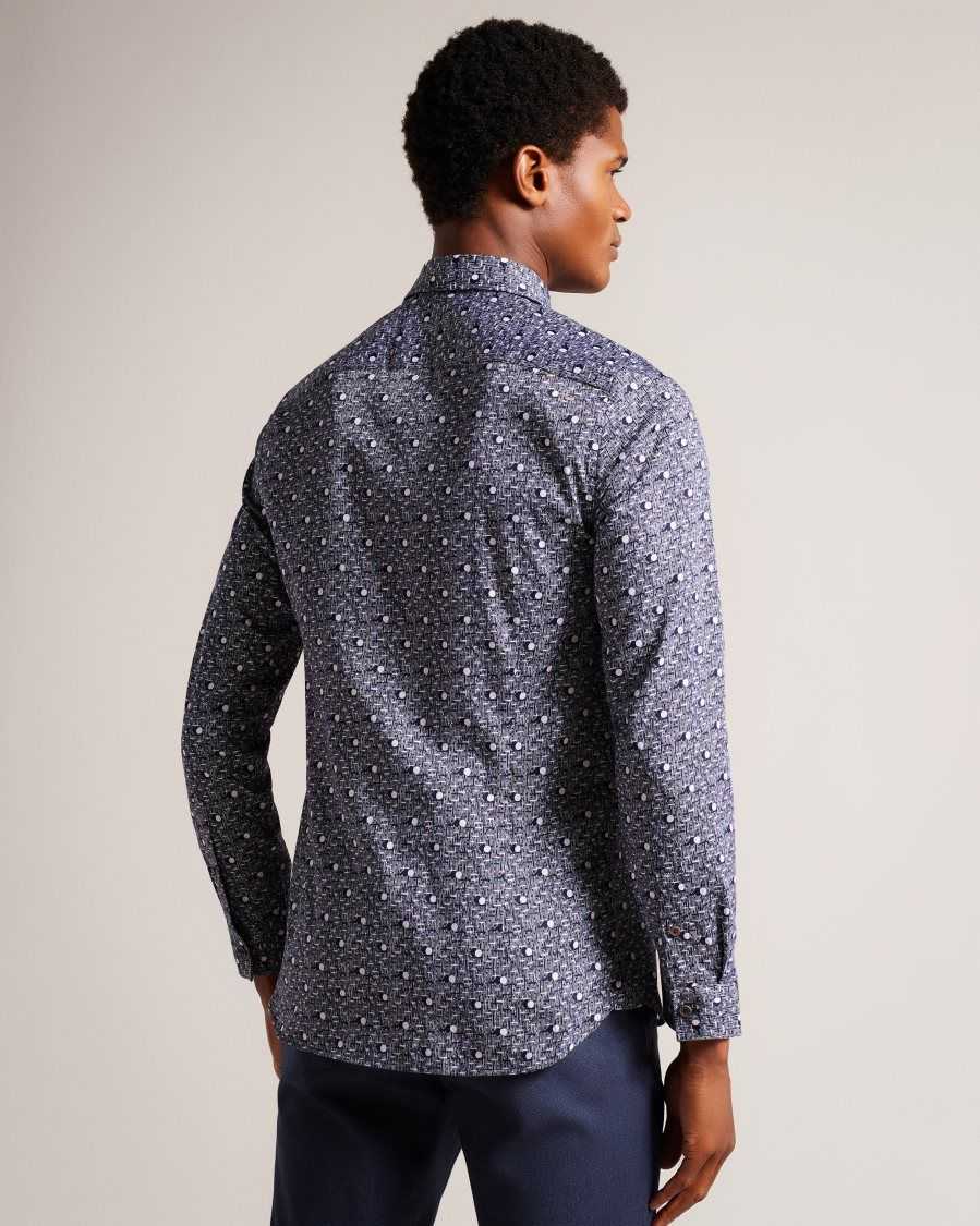 Ted Baker Maccle Long Sleeve Spot Print Shirt Navy | 63950-IRWT