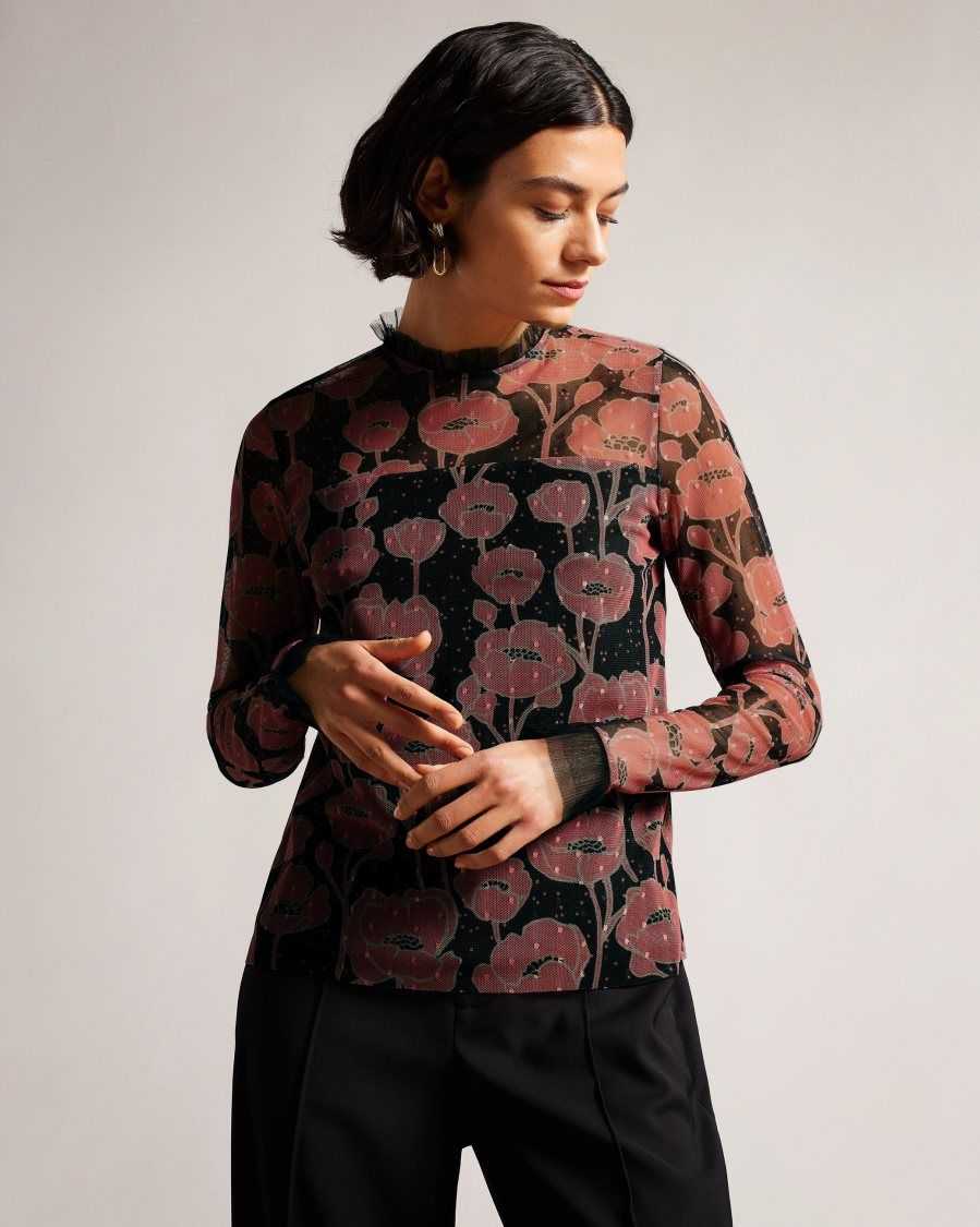 Ted Baker Maggann Long Sleeved Top With Frill Details Black | 41782-UJQS