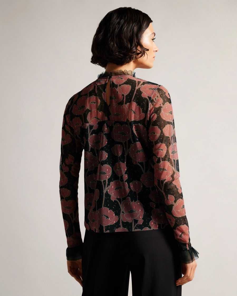 Ted Baker Maggann Long Sleeved Top With Frill Details Black | 41782-UJQS