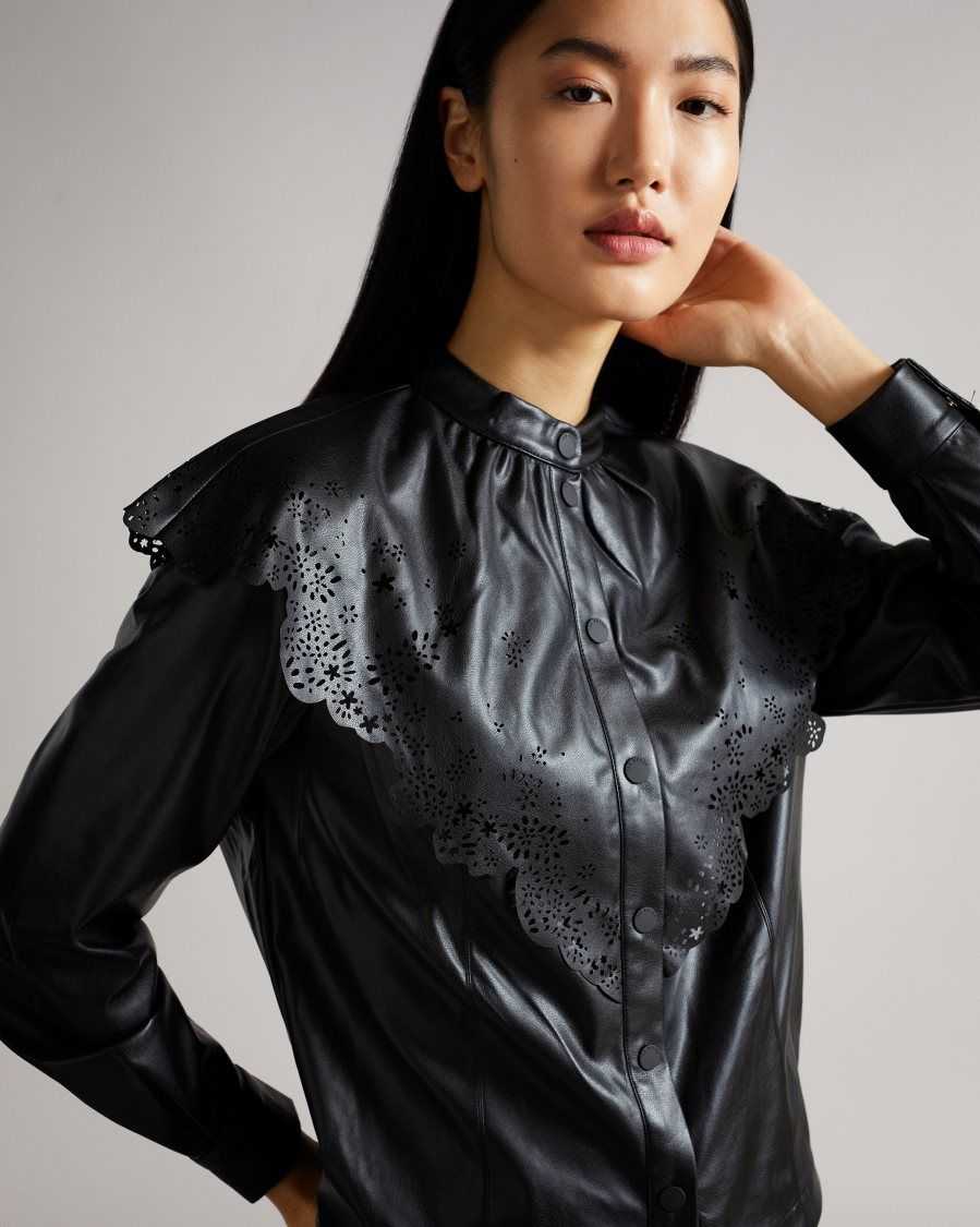 Ted Baker Maisson Perforated Pleather Top With Collar Black | 83294-KFZO