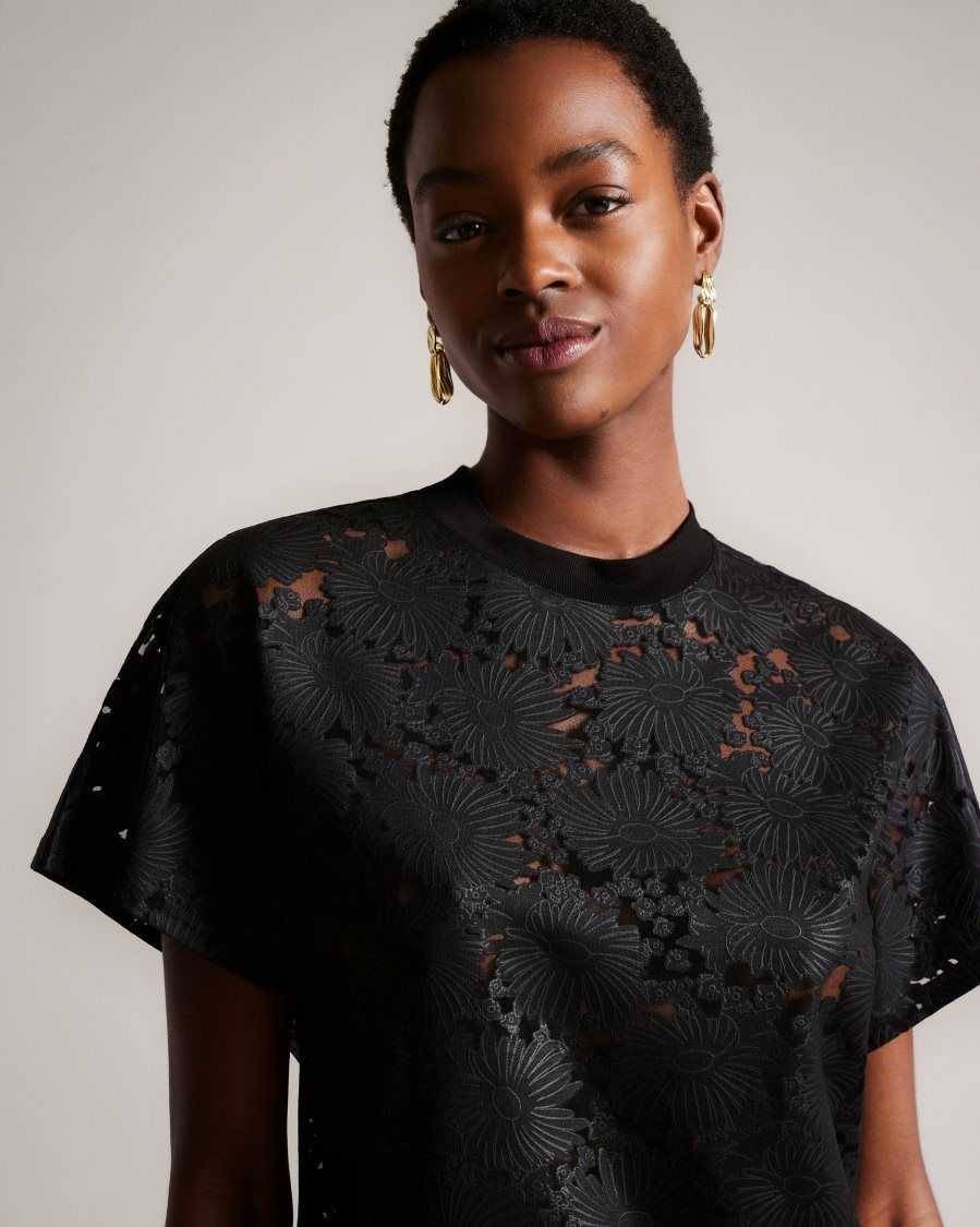 Ted Baker Maralo Floral Lace Relaxed T-Shirt Black | 09287-WCTJ