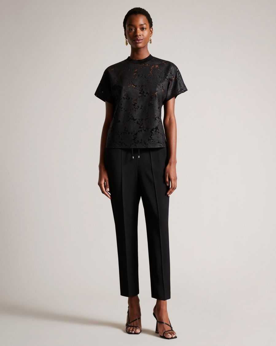 Ted Baker Maralo Floral Lace Relaxed T-Shirt Black | 09287-WCTJ