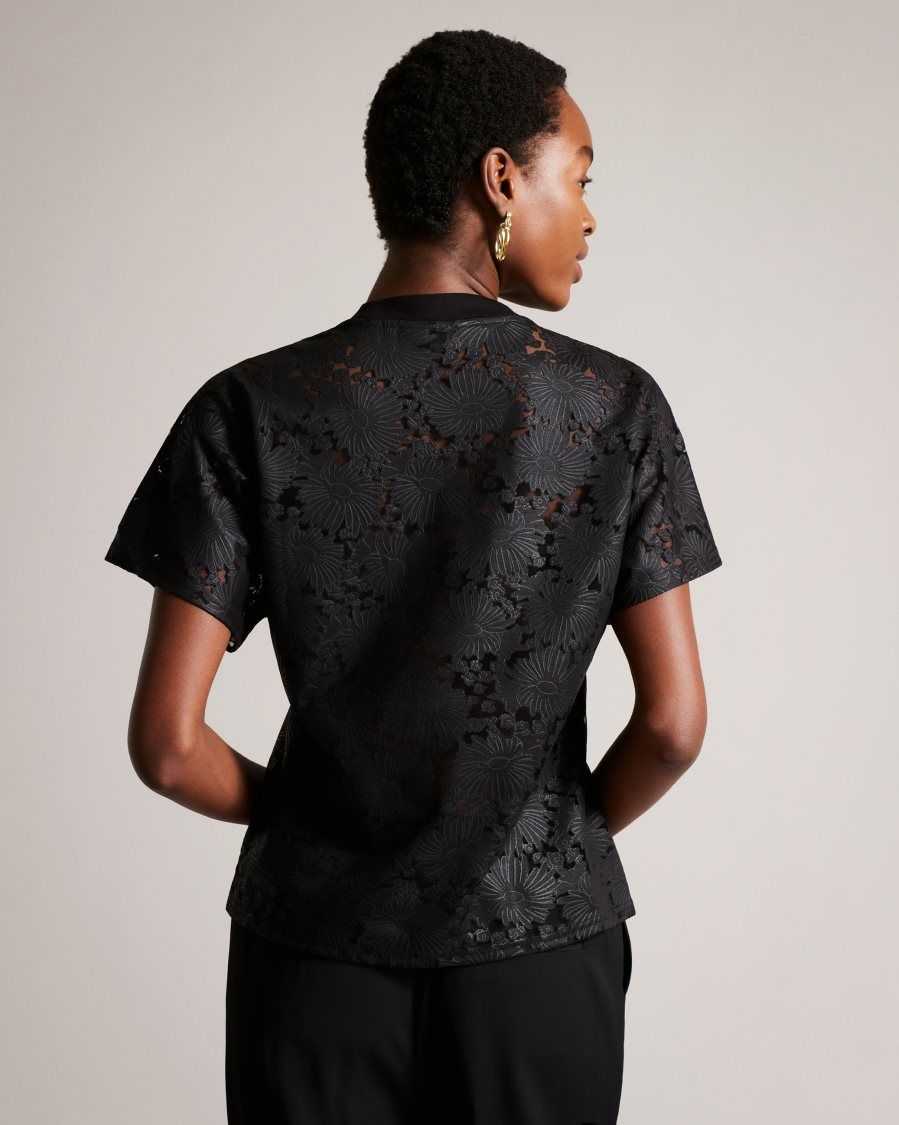 Ted Baker Maralo Floral Lace Relaxed T-Shirt Black | 09287-WCTJ