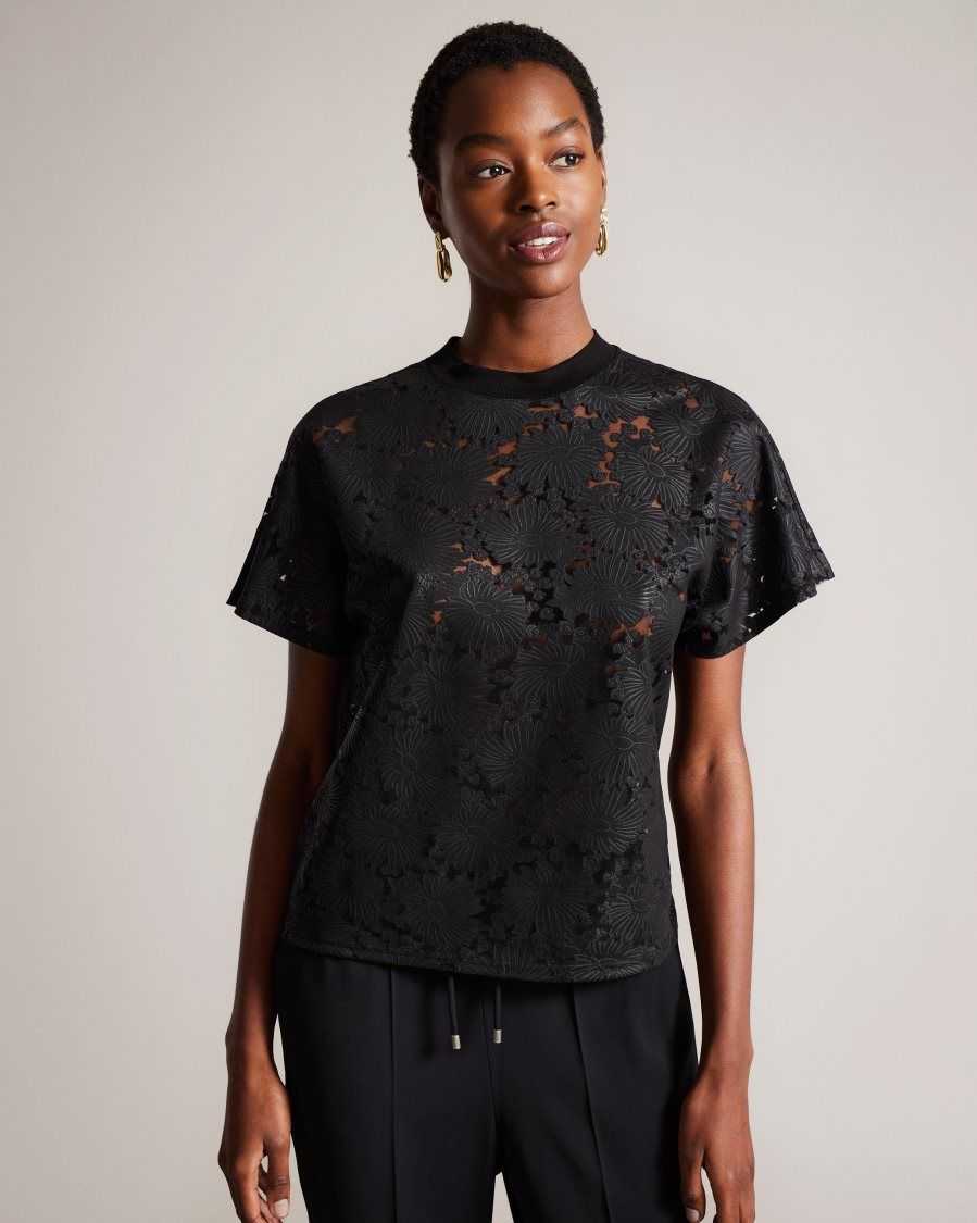 Ted Baker Maralo Floral Lace Relaxed T-Shirt Black | 09287-WCTJ