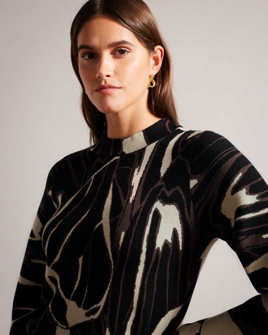 Ted Baker Marelia Abstract Jumper With Puff Sleeve Black | 49327-KVRB