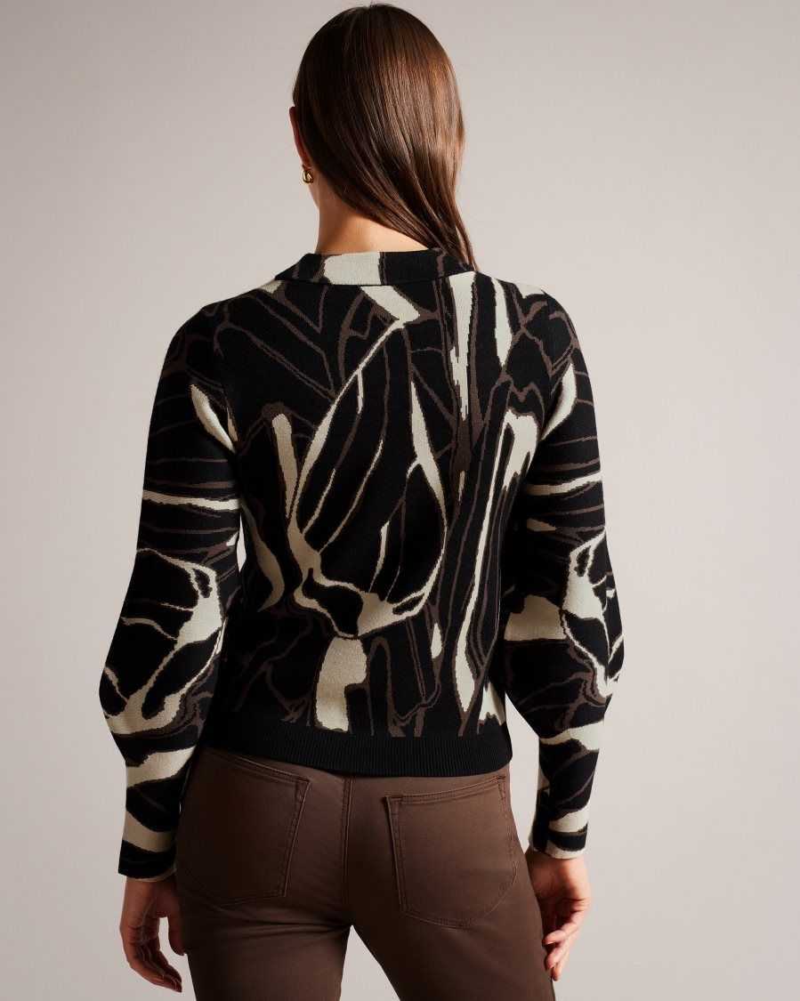 Ted Baker Marelia Abstract Jumper With Puff Sleeve Black | 49327-KVRB