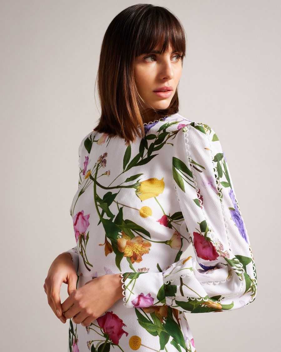 Ted Baker Marggoh Blouson Sleeve Floral Maxi Dress White | 64509-IPNR