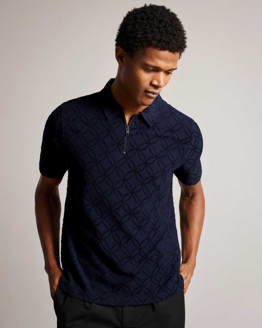 Ted Baker Maroc Short Sleeve Zip Jacquard Polo Shirt Navy | 03789-UYPS