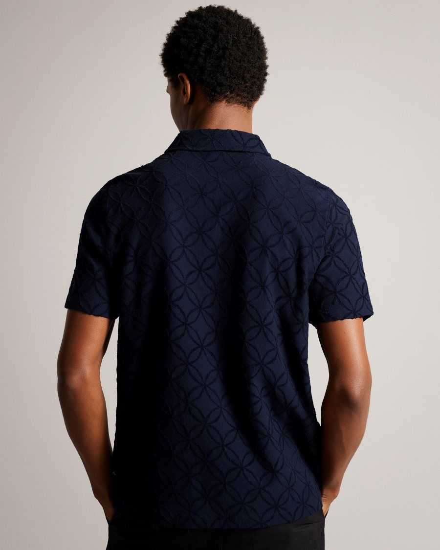 Ted Baker Maroc Short Sleeve Zip Jacquard Polo Shirt Navy | 03789-UYPS