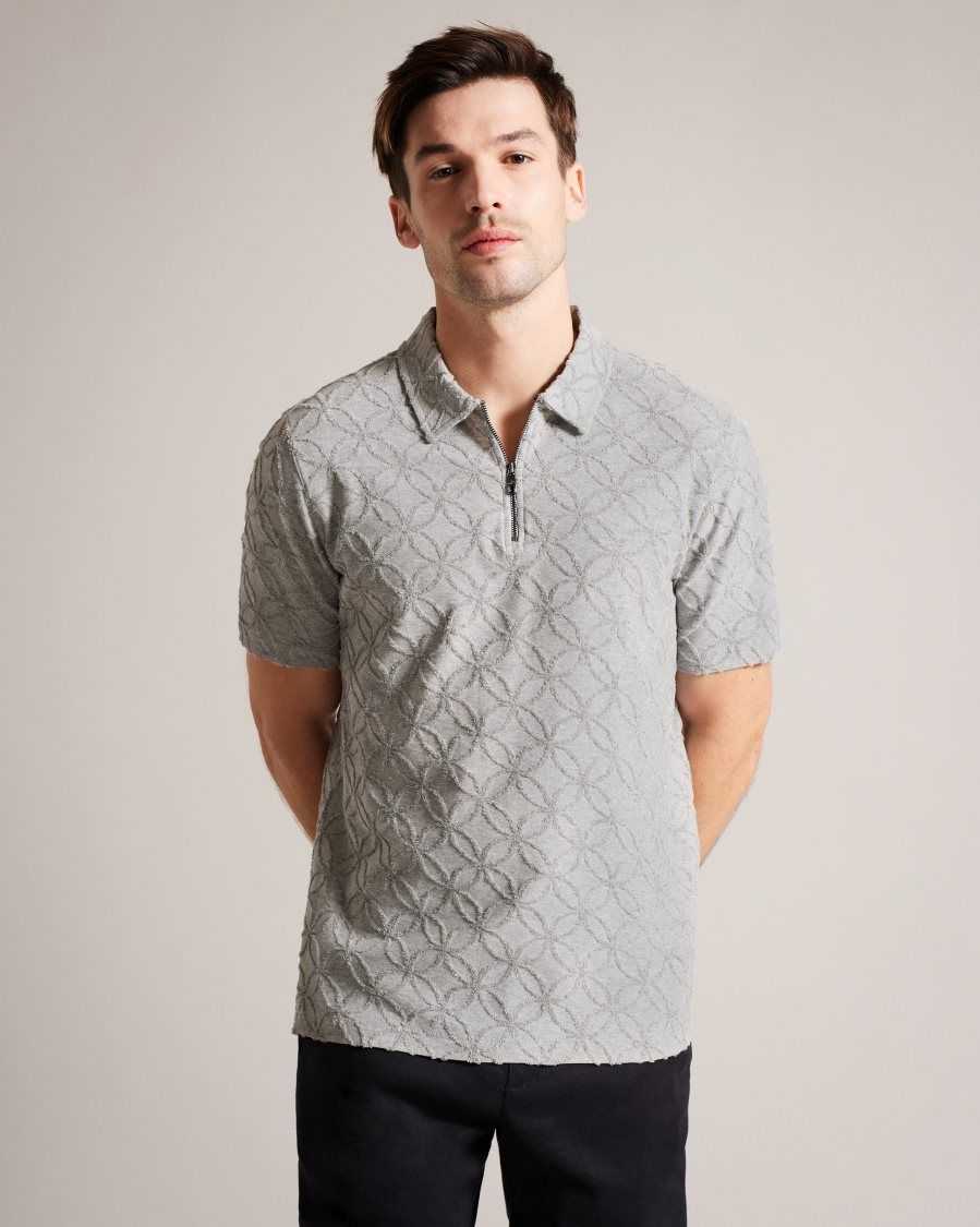 Ted Baker Maroc Short Sleeve Zip Jacquard Polo Shirt Grey-Marl | 52346-CJRH