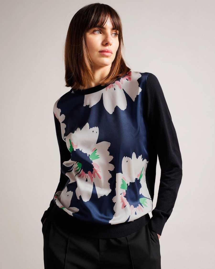 Ted Baker Marola Floral Front Easy Fit Jumper Dark Navy | 92306-ZLKR