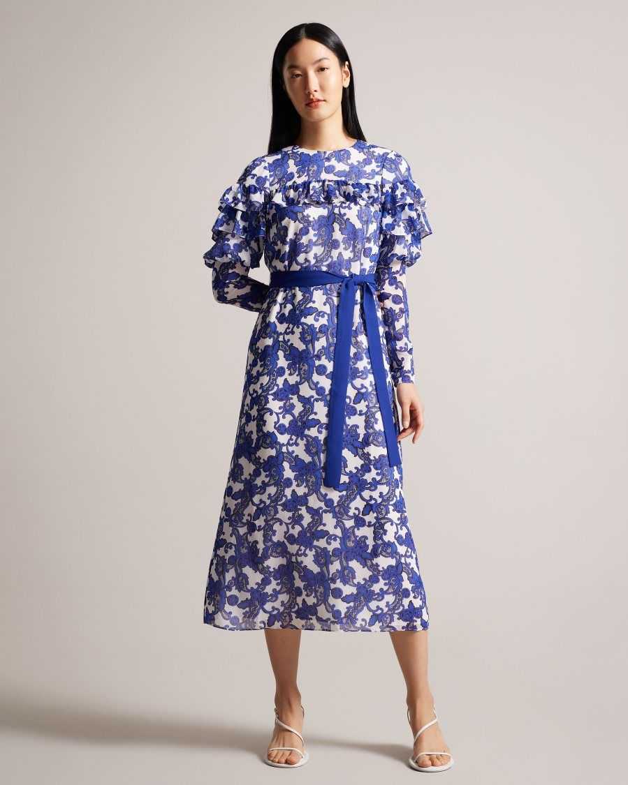 Ted Baker Marquis Jacquard Paisley Midi Dress White | 37541-SZKJ