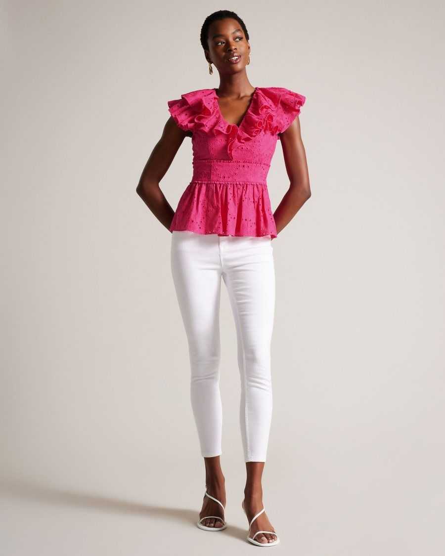 Ted Baker Mazieh Broderie Peplum Top Bright Pink | 27613-SJDV