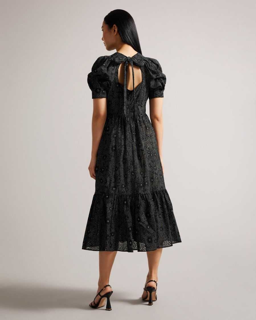 Ted Baker Meganie Puff Sleeve Tiered Maxi Dress Black | 20847-HSPL