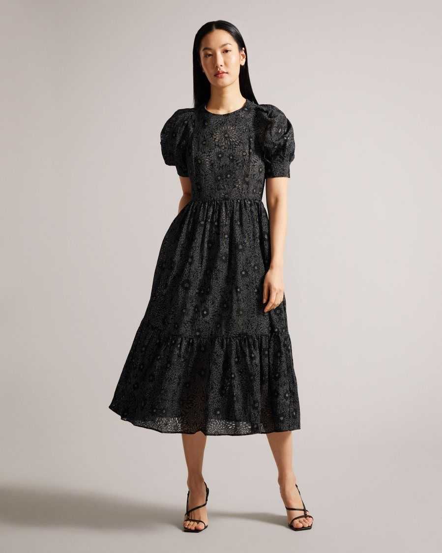 Ted Baker Meganie Puff Sleeve Tiered Maxi Dress Black | 20847-HSPL